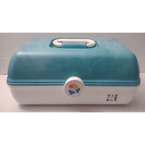 Caboodles Makeup Box Carry Case Mirror Tray Teal/White Collectible 5626